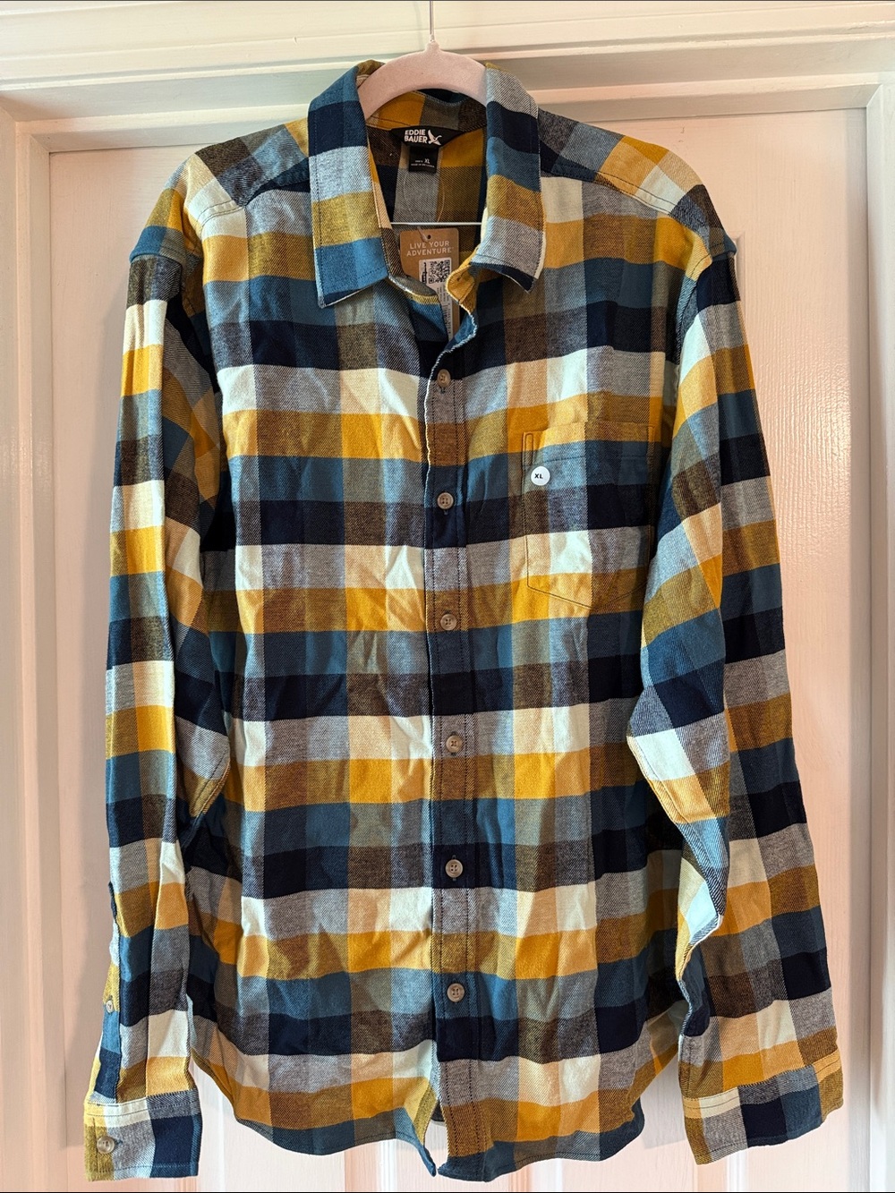 Eddie Bauer Plaid Flannel Shirt in Mustard, Navy & Cream NEW WITH TAGS